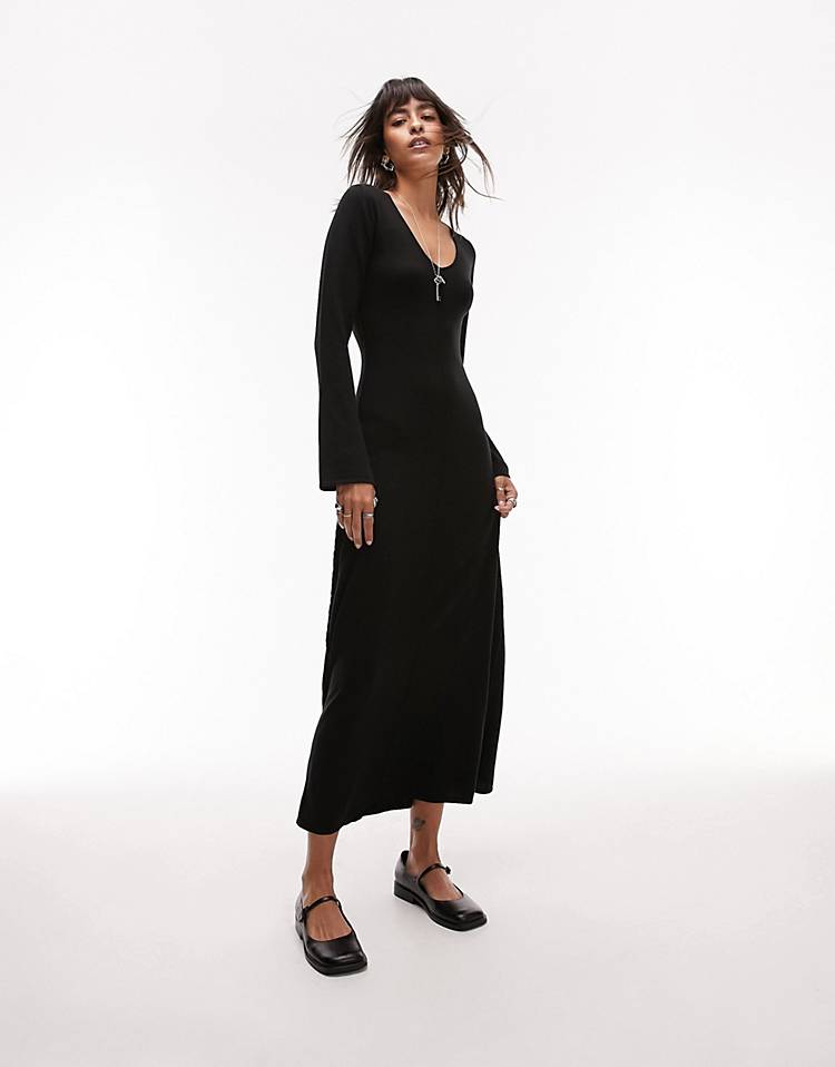 Topshop knitted v-neck flute sleeve maxi in black